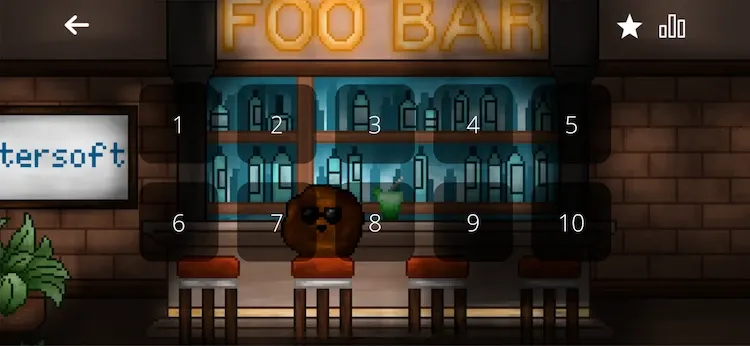 Der Screenshot zeigt Muddini in einer Bar sitzend. Über Muddini hängt ein Neon Schriftzug der "FOO BAR" liest.