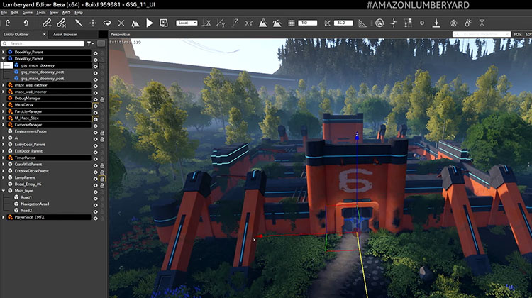 Die Anwendungsoberfläche der Lumberyard Engine während der Arbeit an einem Projekt