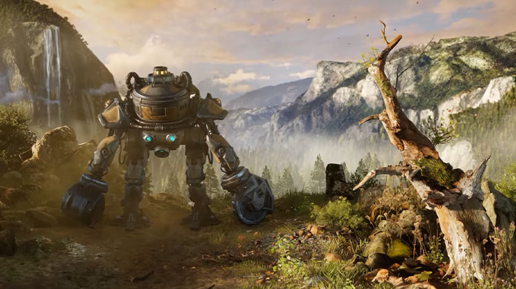 Ein Roboter am Rande eines Tals aus dem Lumberyard-Demotitel "Lost"