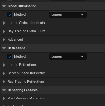 Screenshot der Project Settings in der Unreal Engine, in denen Lumen aktiviert wird