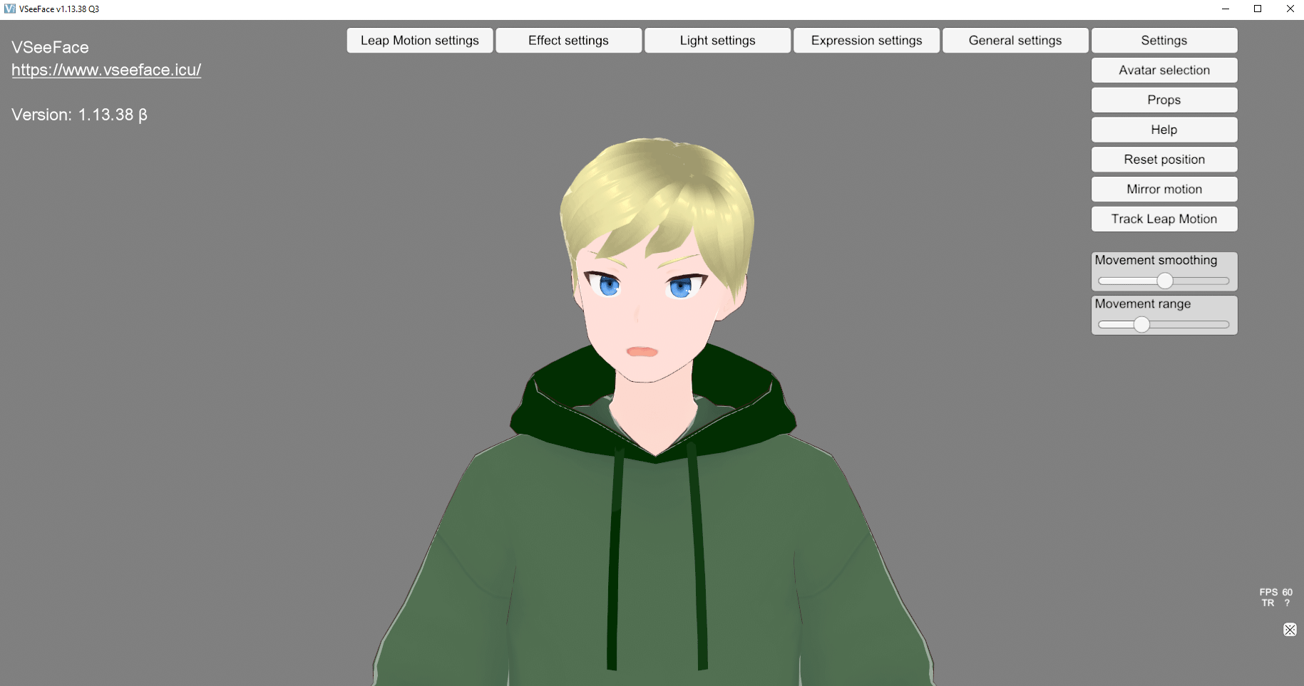 Das Interface von VSeeFace mit einem Beispielmodell
